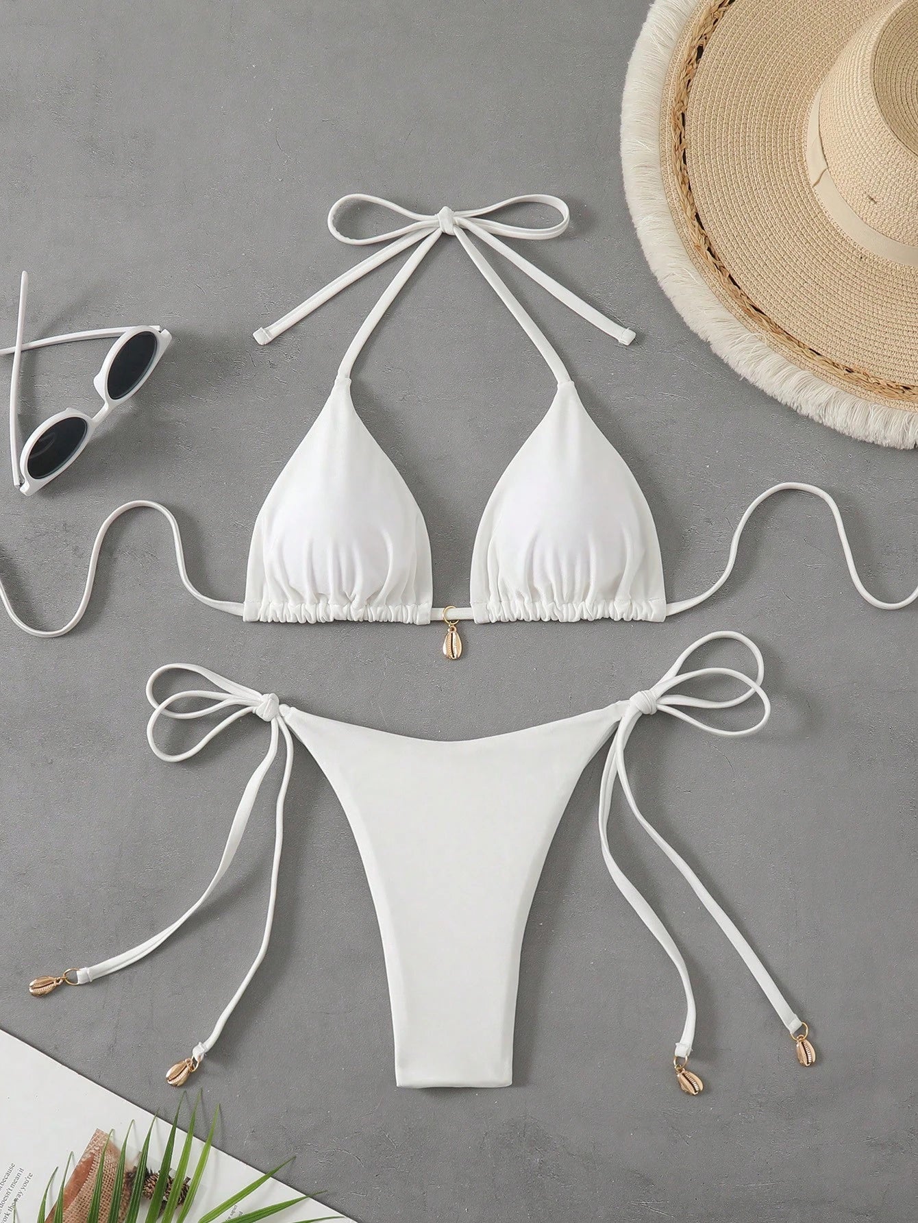 Swim Vcay Solid Triangle Tie Side Bikini Set For Summer Beach Vacation