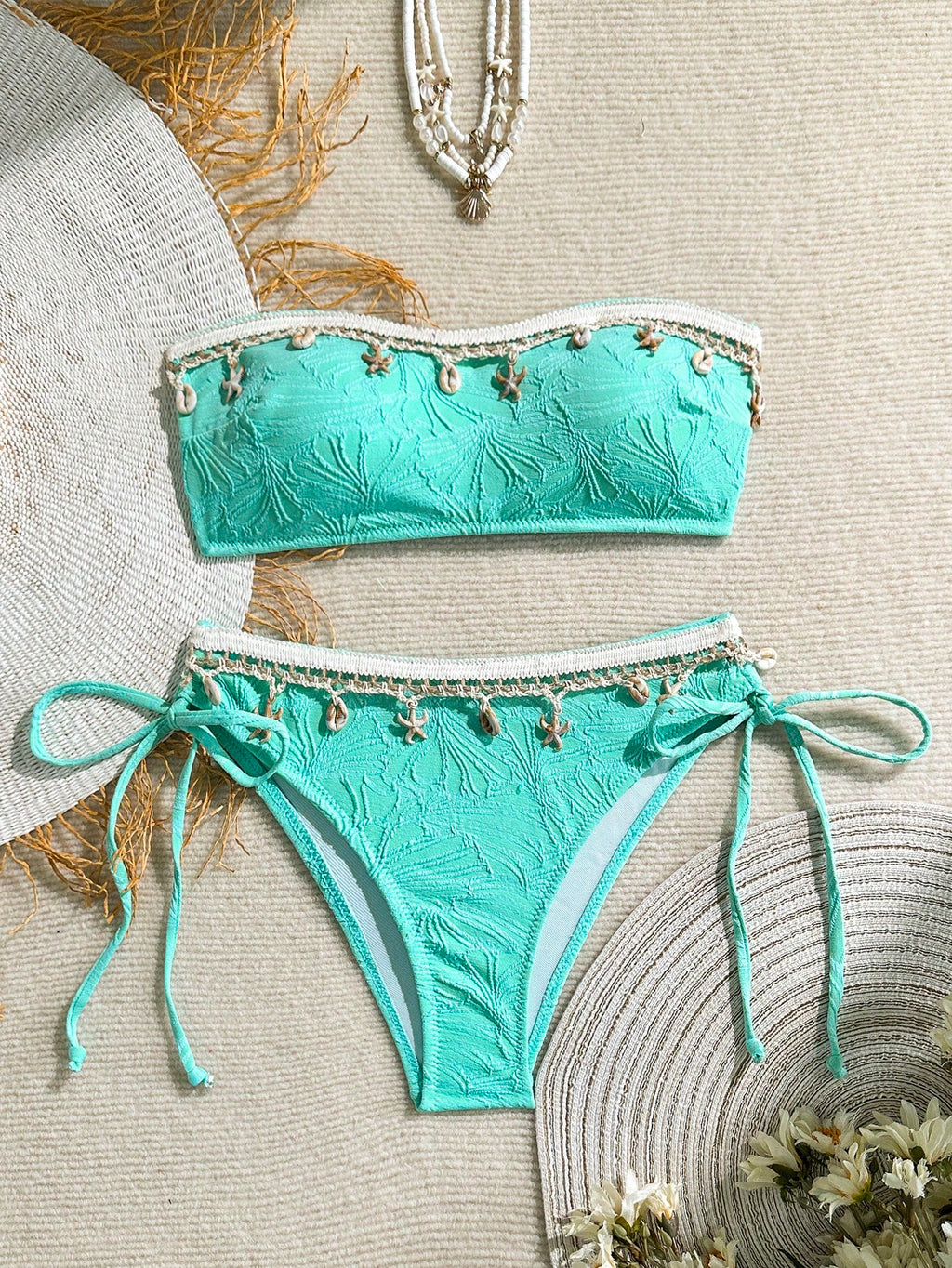 Swim Mod Women's Embroidered Tassel Patchwork Starfish & Shell Decor