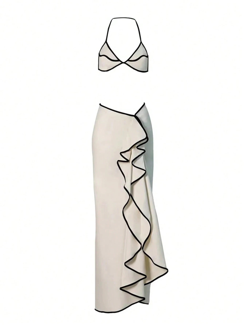 Women's Elegant White Bikini Wavy-Hemmed Three-Piece Swimsuit Summer