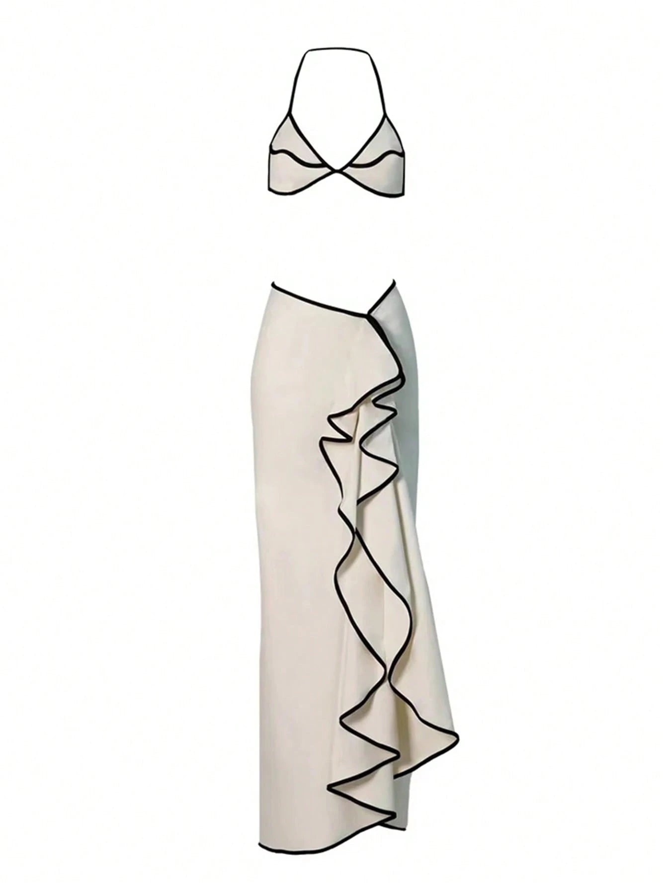 Women's Elegant White Bikini Wavy-Hemmed Three-Piece Swimsuit Summer