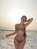 Swim SXY New Style Spaghetti Strap Hollow-Out Wire Decorated Backless Sexy Glossy Red Ladies Swimwear Set For