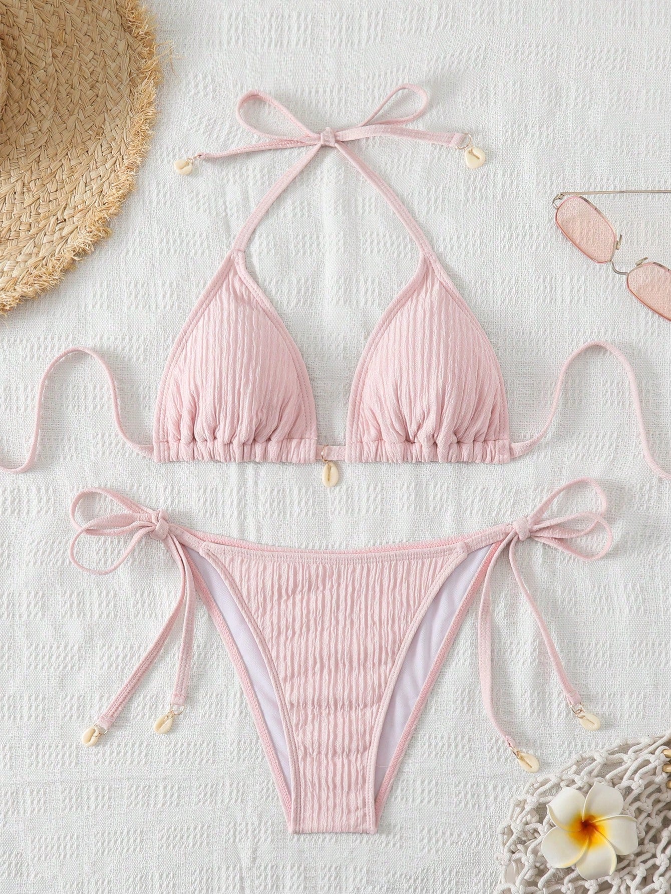Swim Mod Summer Beach Textured Halter Neck Tie Two-Piece Bikini Set