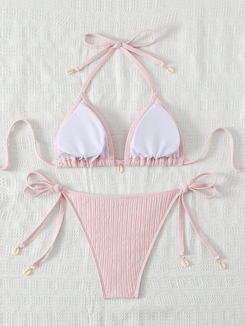 Swim Mod Summer Beach Textured Halter Neck Tie Two-Piece Bikini Set