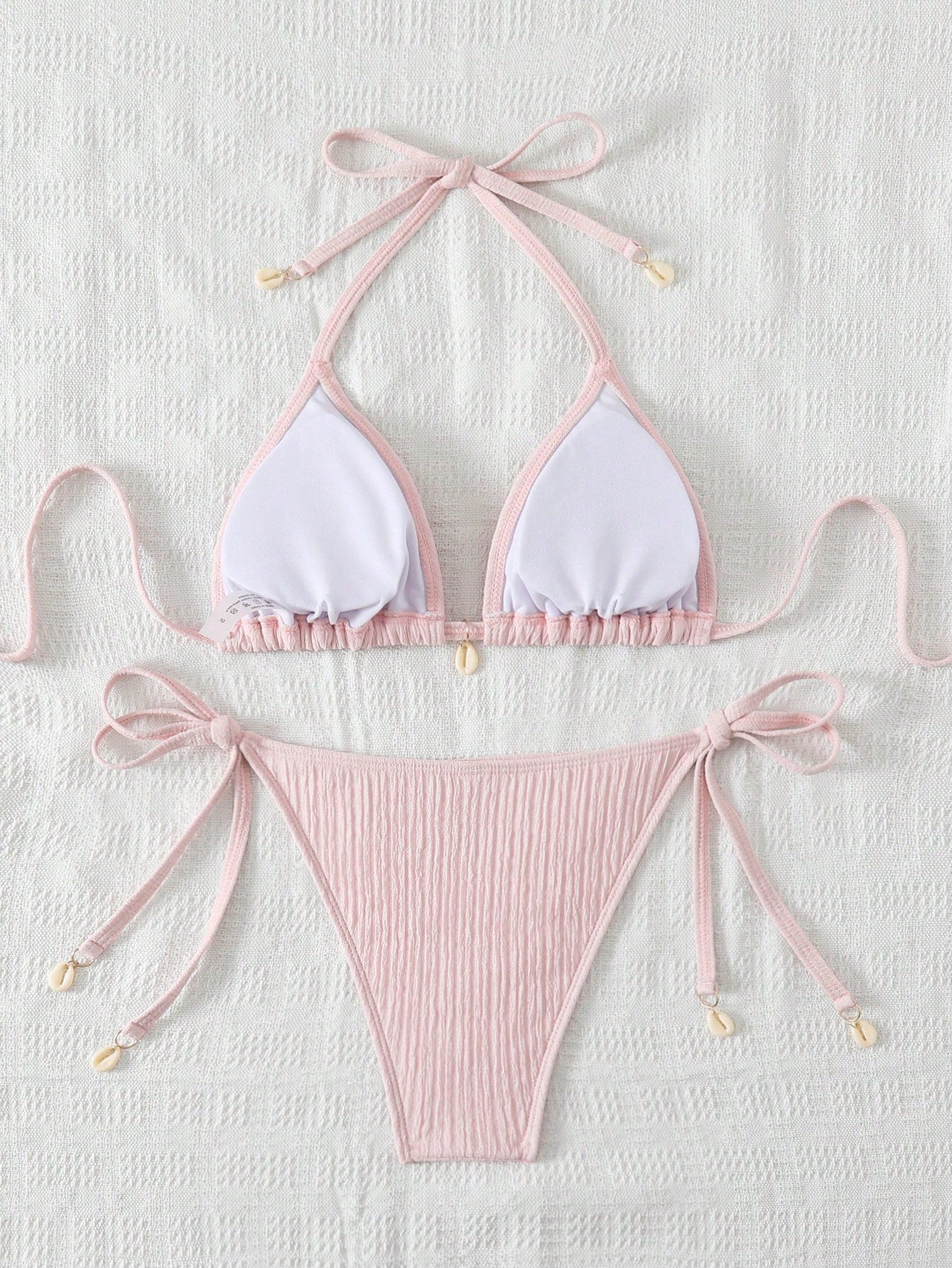 Swim Mod Summer Beach Textured Halter Neck Tie Two-Piece Bikini Set