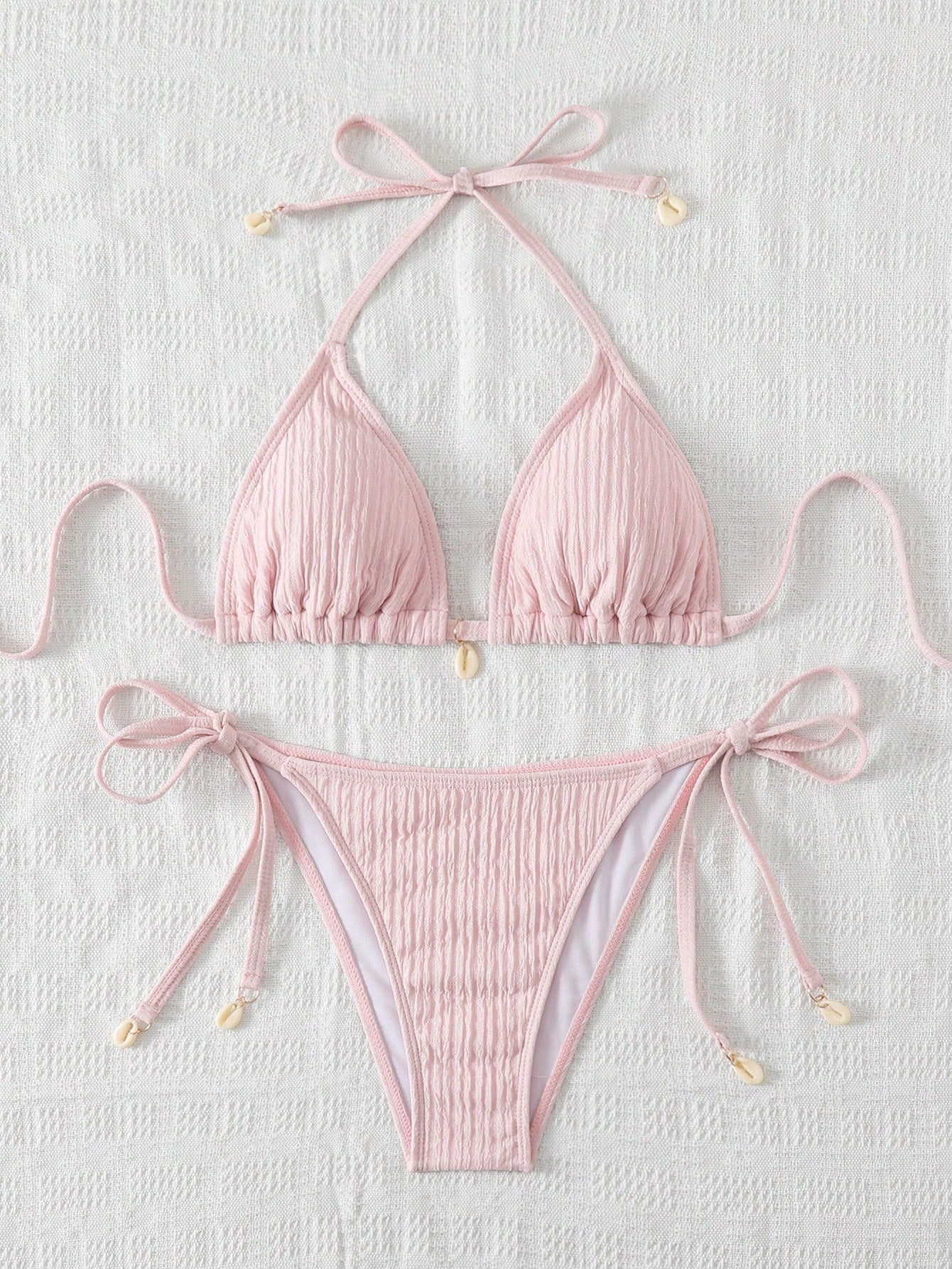 Swim Mod Summer Beach Textured Halter Neck Tie Two-Piece Bikini Set