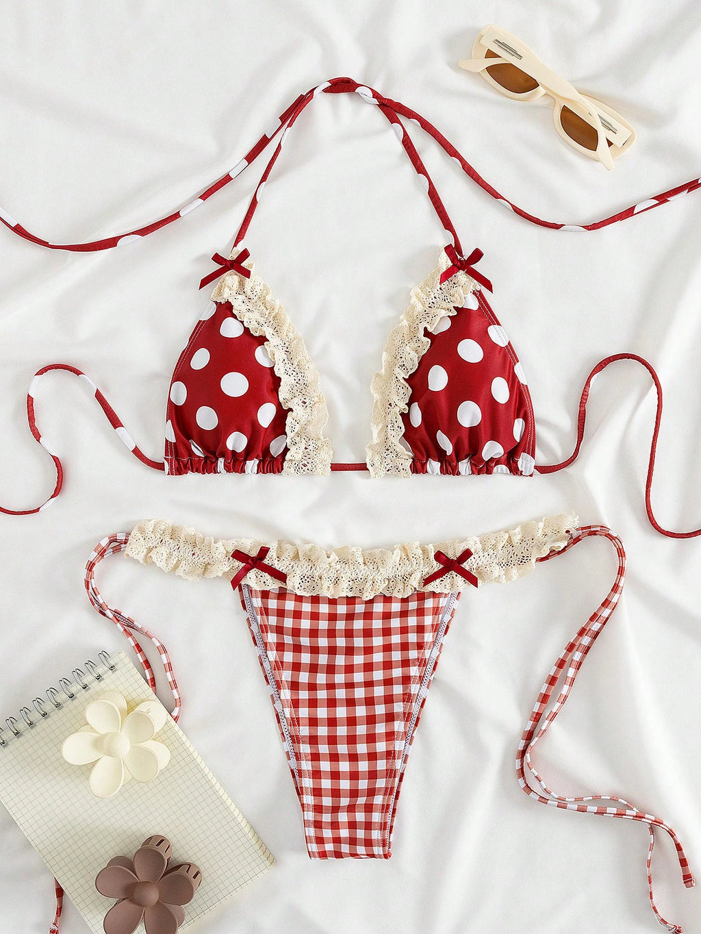PEPPERMOLLY New Soft Polka Dot Lace Ruffle Bow Decor Halter Tie Sexy