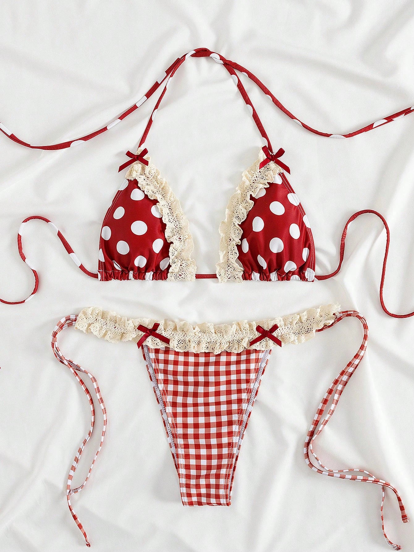 PEPPERMOLLY New Soft Polka Dot Lace Ruffle Bow Decor Halter Tie Sexy