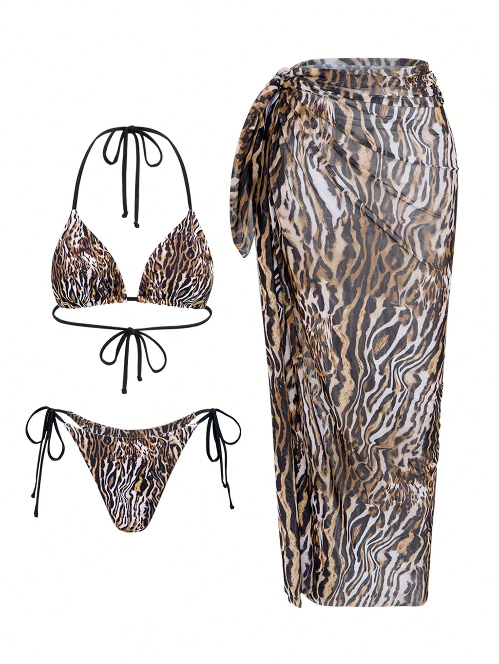 Bonvoyette 3pcs/Set New Leopard Print Mix Solid Color Triangle Halter Sexy Elega