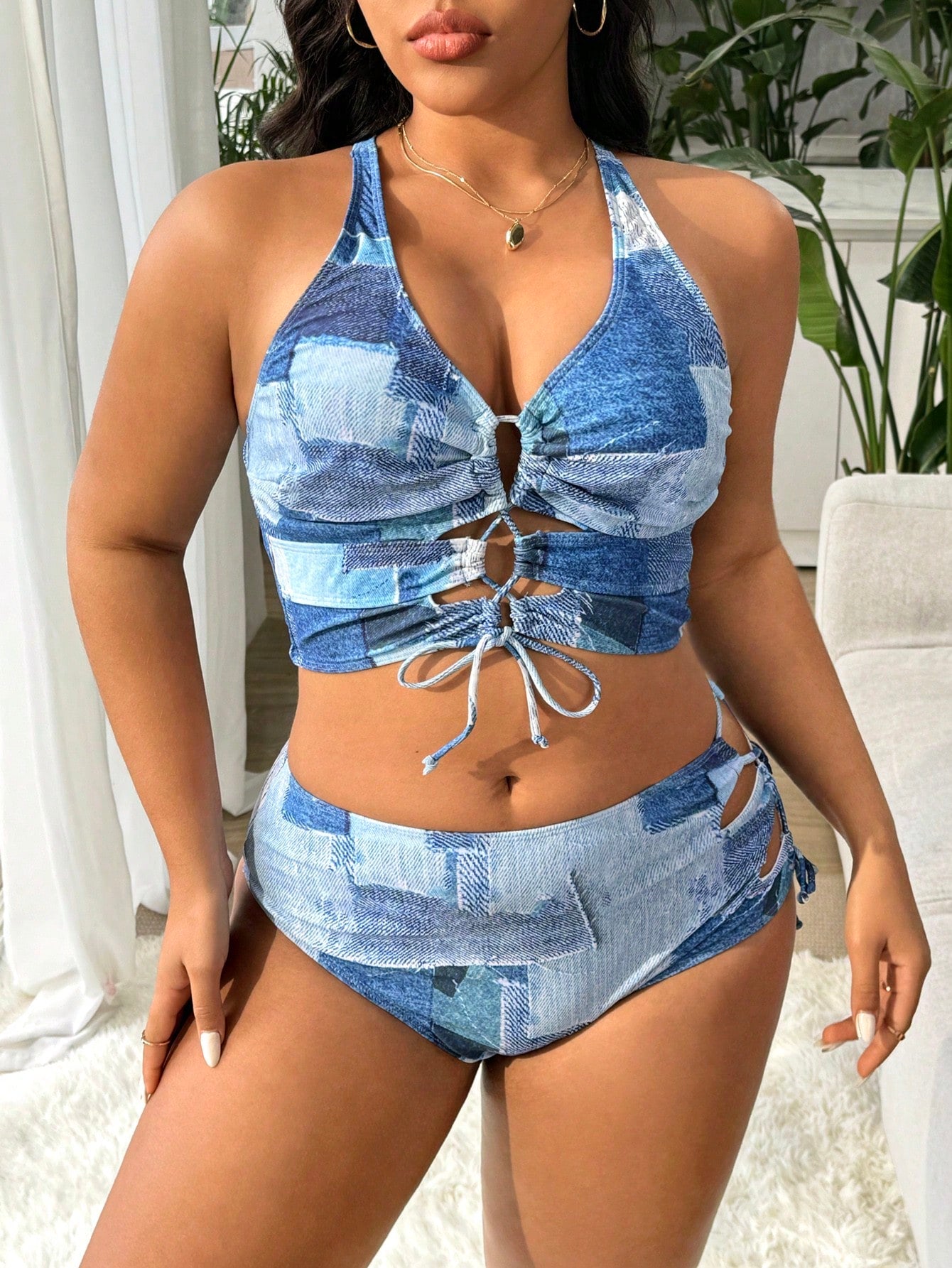 Slaydiva Plus Size Women's Contrast Color Tie-Up Design Sexy Bikini