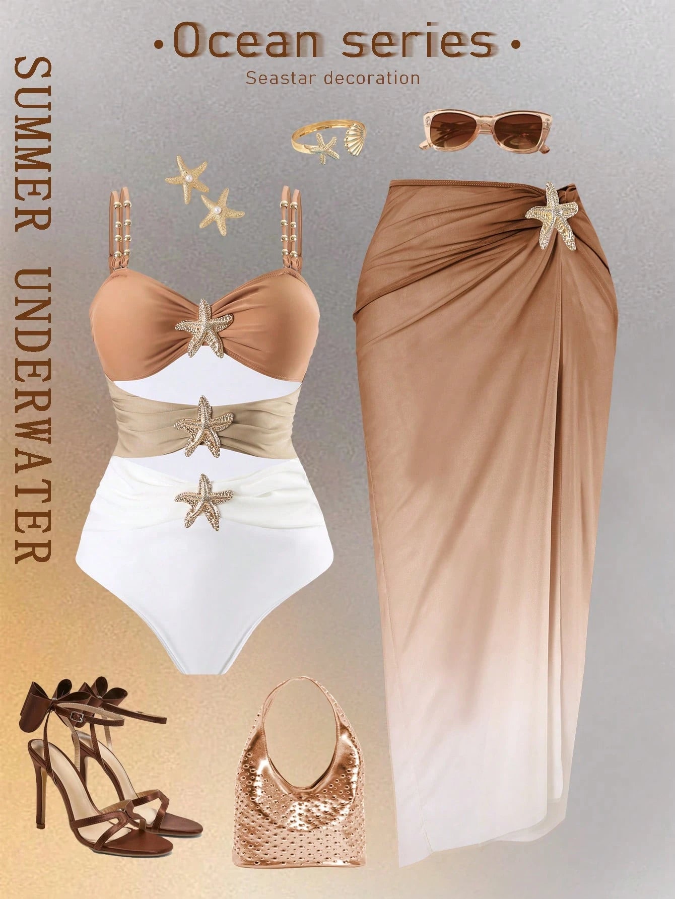 Swim Oasis Plus Size Onepiece Swimsuit, Ombre Blue To Navy Starfish Metal Decor, Simple & Elegant Beach - image 9