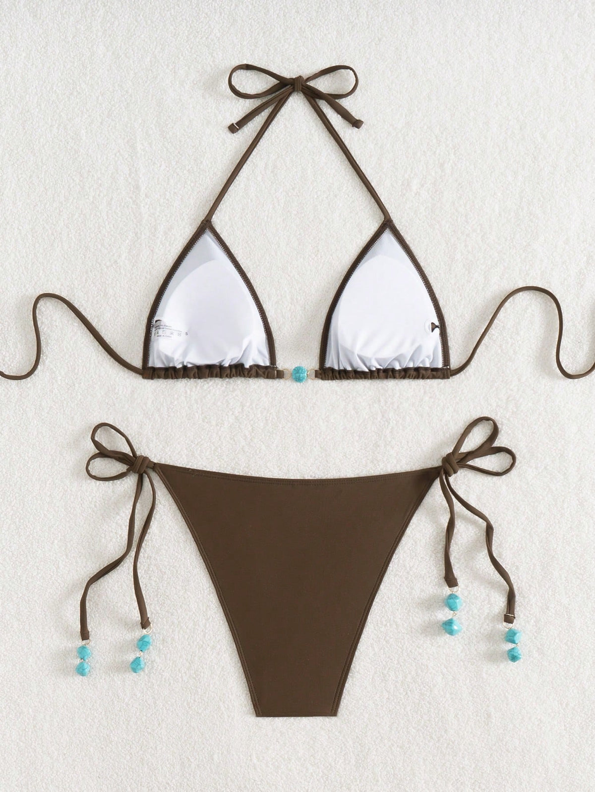 Summer New Spaghetti Strap Back Tie Brown Bikini Bottoms With Side Tie Blue Beaded End Women 2 Pieces - image 6