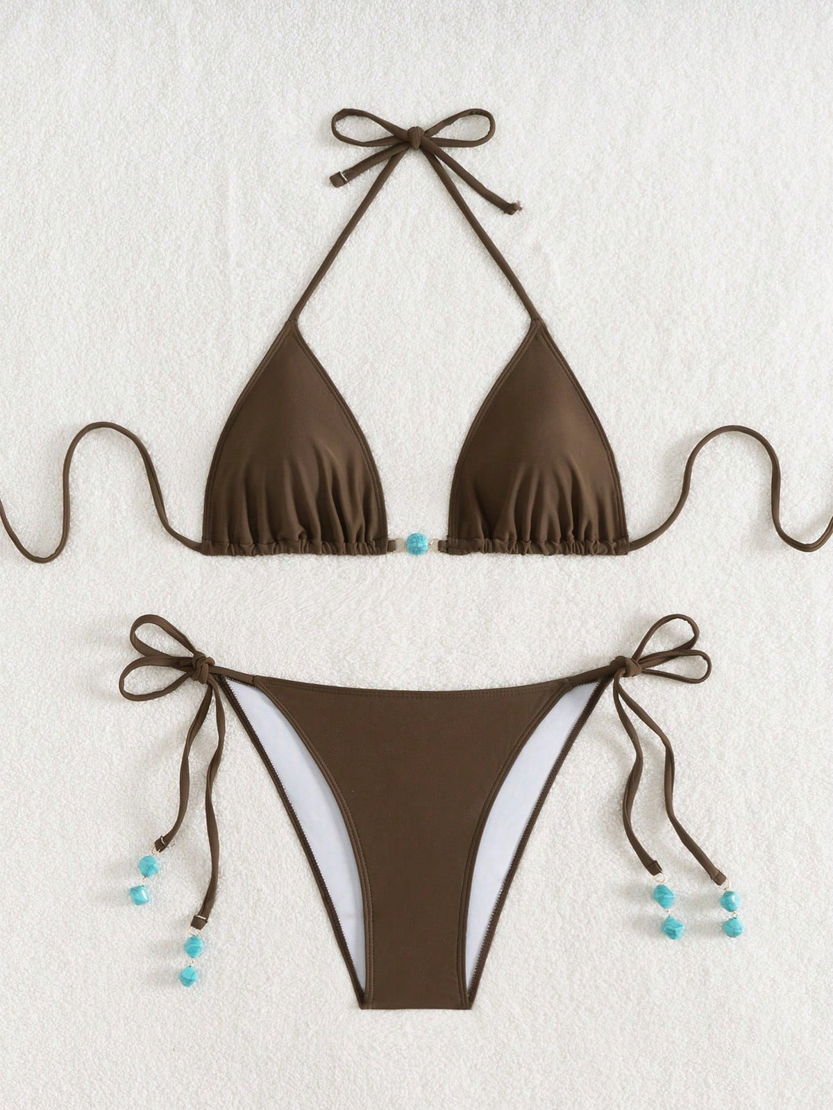 Summer New Spaghetti Strap Back Tie Brown Bikini Bottoms With Side Tie Blue Beaded End Women 2 Pieces - image 5