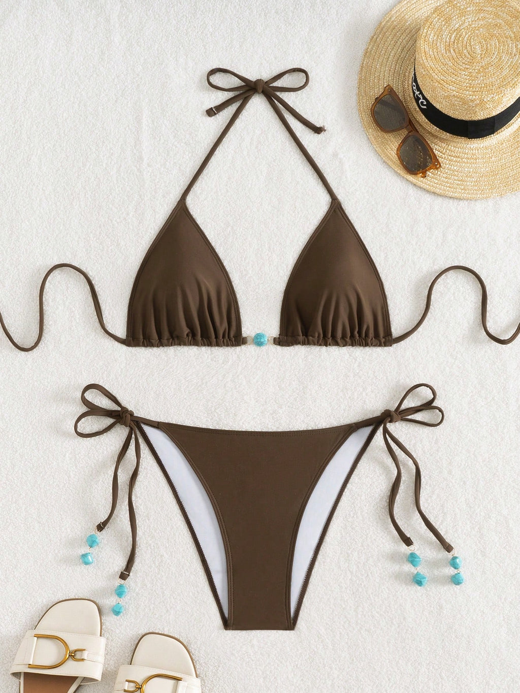 Summer New Spaghetti Strap Back Tie Brown Bikini Bottoms With Side