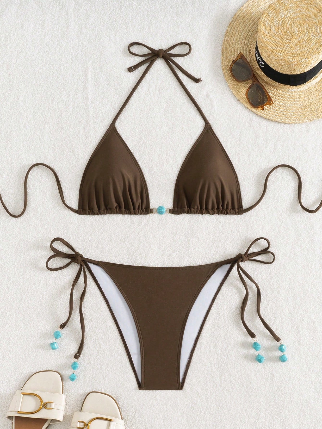 Summer New Spaghetti Strap Back Tie Brown Bikini Bottoms With Side