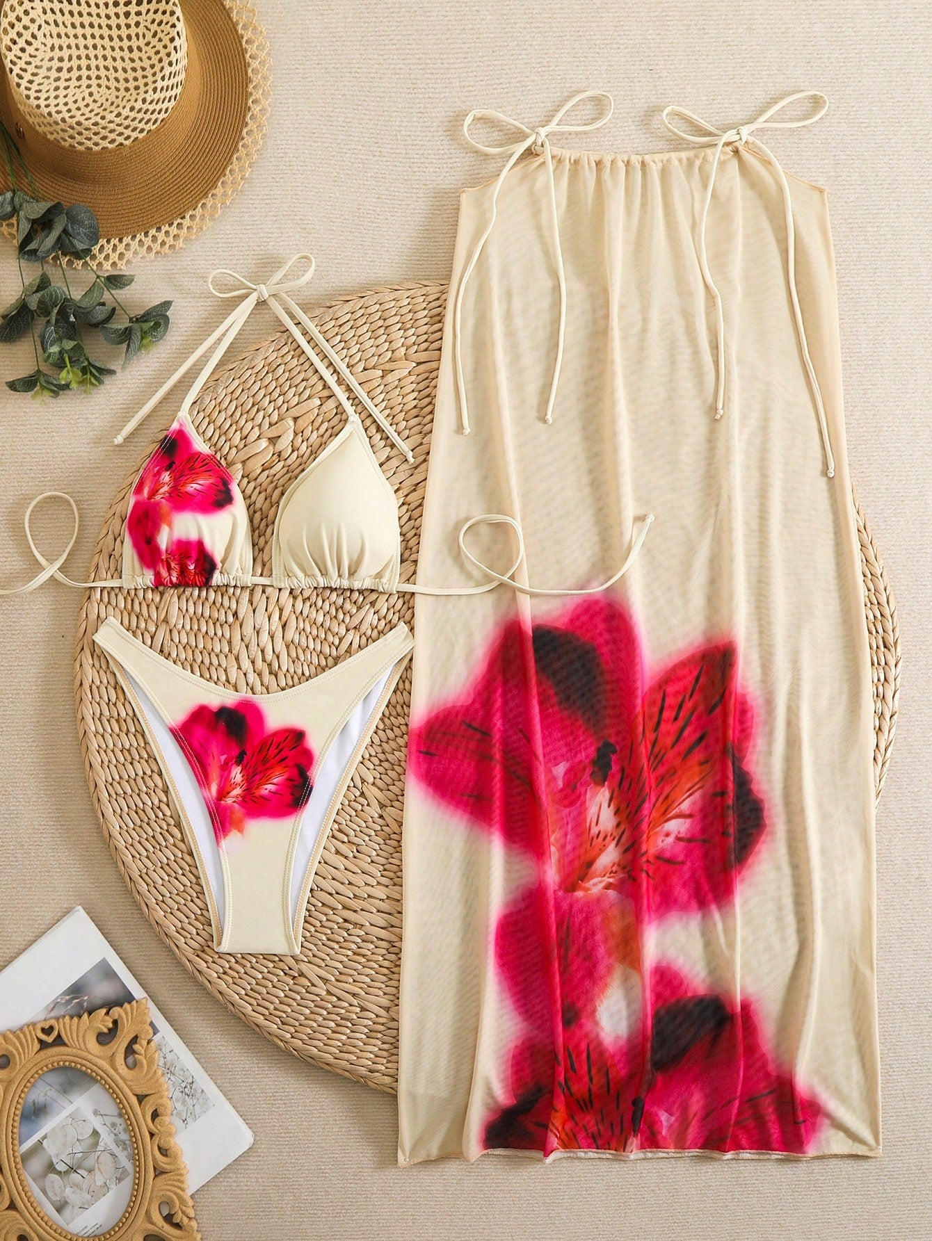 3pcs/Set Women Summer Floral Print Halter Bohemian Beach Holiday