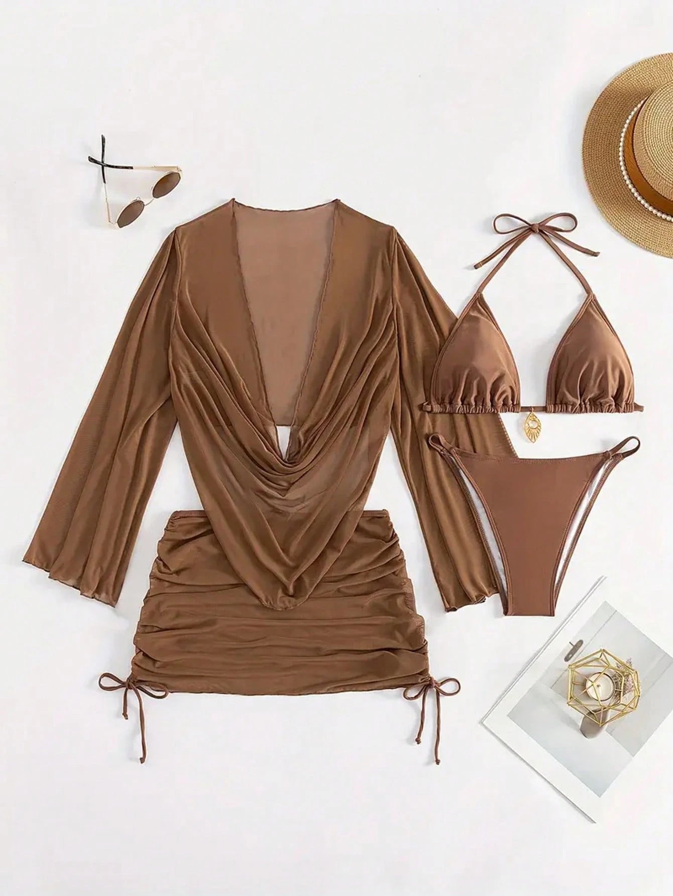4pcs Sexy Solid Color Bikini Set With Sheer Cover-Up, Suitable For Vacation, Bea