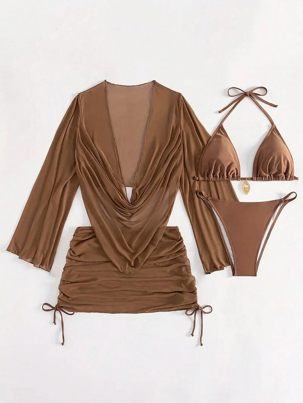 4pcs Sexy Solid Color Bikini Set With Sheer Cover-Up, Suitable For Vacation, Bea