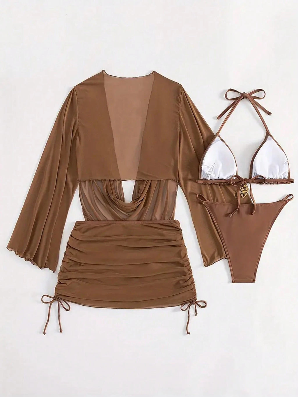 4pcs Sexy Solid Color Bikini Set With Sheer Cover-Up, Suitable For Vacation, Bea