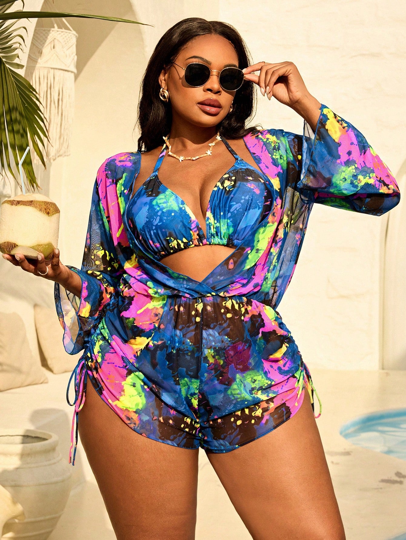 Slaydiva Plus Size Women 3-Piece Tie-Dye Halter Bikini Set With Long Sleeve Pants And Mesh Cover Up, - image 7