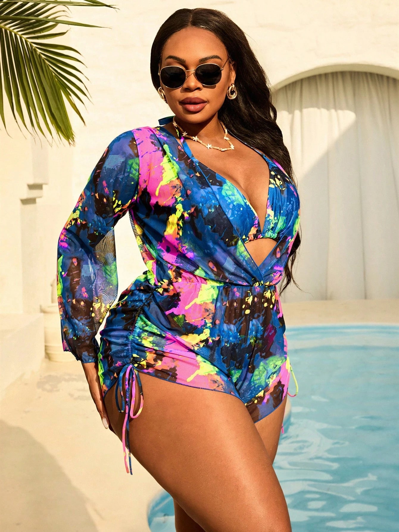 Slaydiva Plus Size Women 3-Piece Tie-Dye Halter Bikini Set With Long Sleeve Pants And Mesh Cover Up, - image 10