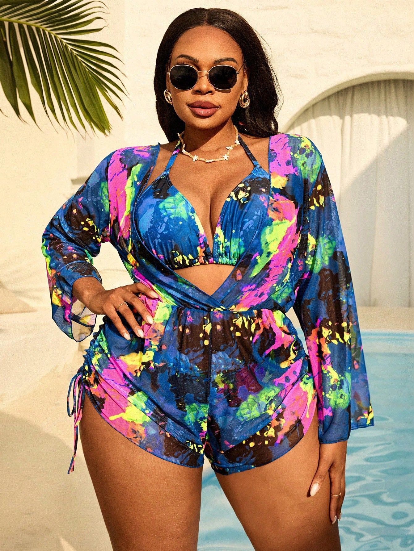 Slaydiva Plus Size Women 3-Piece Tie-Dye Halter Bikini Set With Long Sleeve Pants And Mesh Cover Up, - image 17
