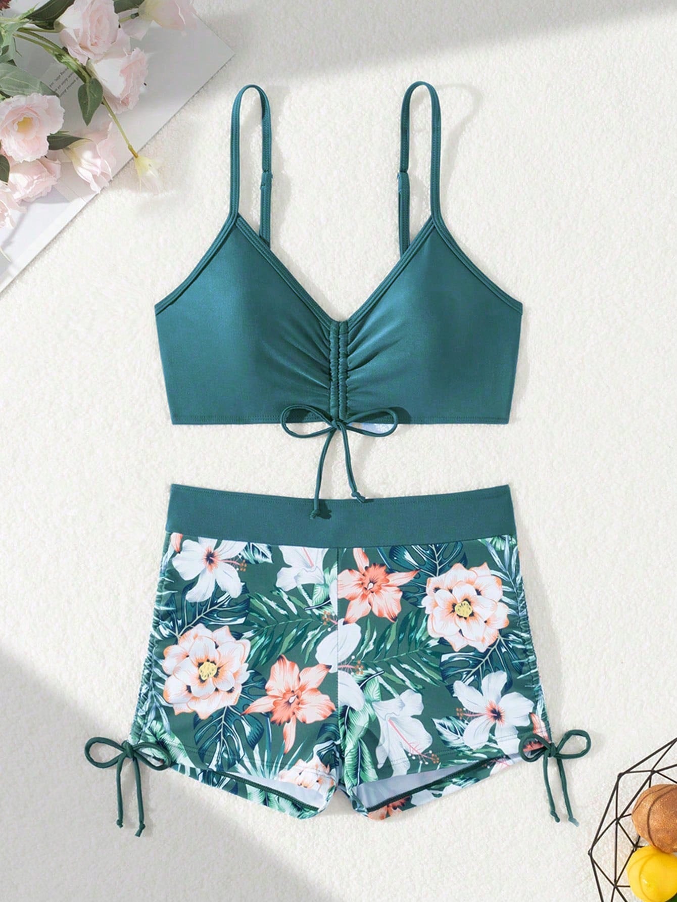 Green Floral Print Wrap-Around Bikini Bottom, Suitable For Various