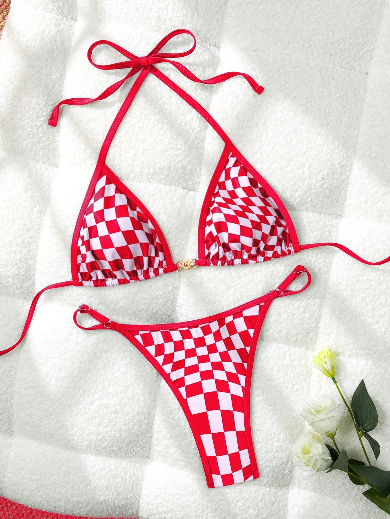 Women's Fashionable Sexy Spaghetti Strap Swimwear Set, Plaid Print Bikini, Elega