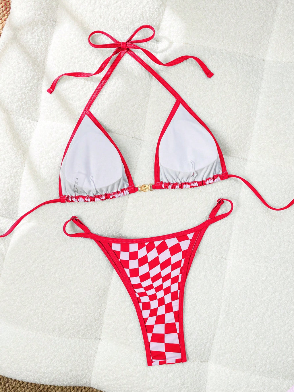 Women's Fashionable Sexy Spaghetti Strap Swimwear Set, Plaid Print Bikini, Elega