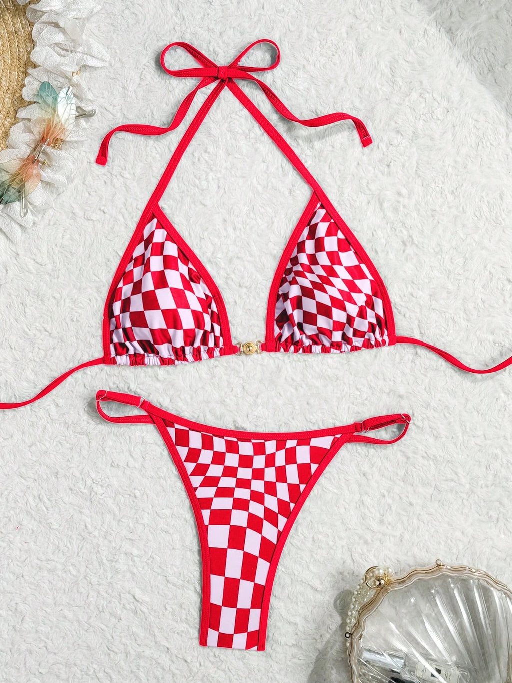 Women's Fashionable Sexy Spaghetti Strap Swimwear Set, Plaid Print Bikini, Elega