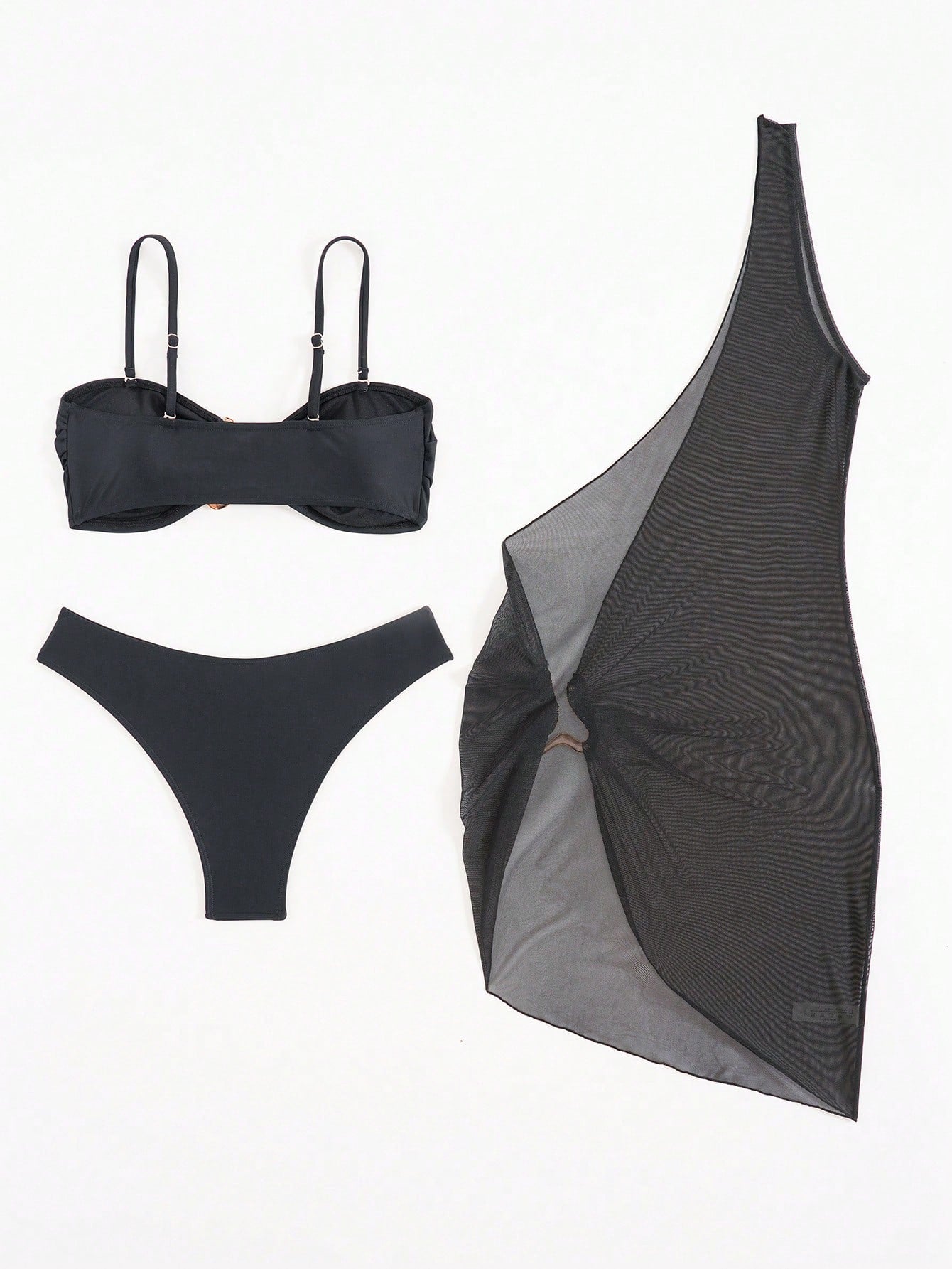 Bonvoyette 3pcs Women's Swimwear Bikini Set,Black,Summer,70s Retro,Holiday,Party