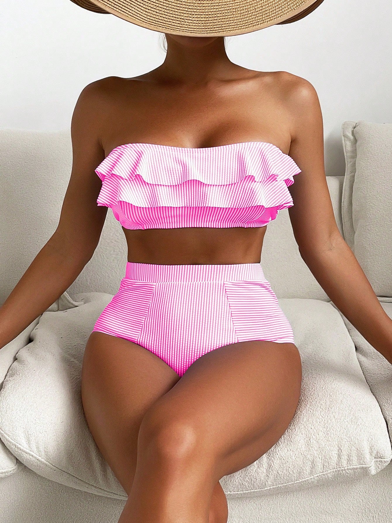 Swim Basics 2pcs Striped Tankini Swimsuit With Triangle Bottoms, Fashionable For Summer - image 5