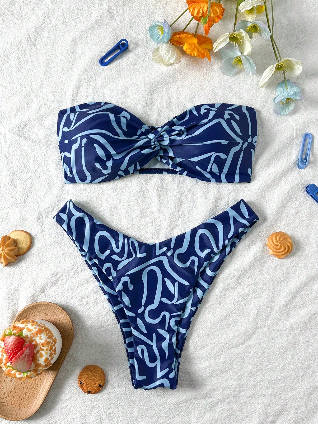 Swim Mod Multicolor Sleeveless Textured Pattern Bandeau Bikini Set