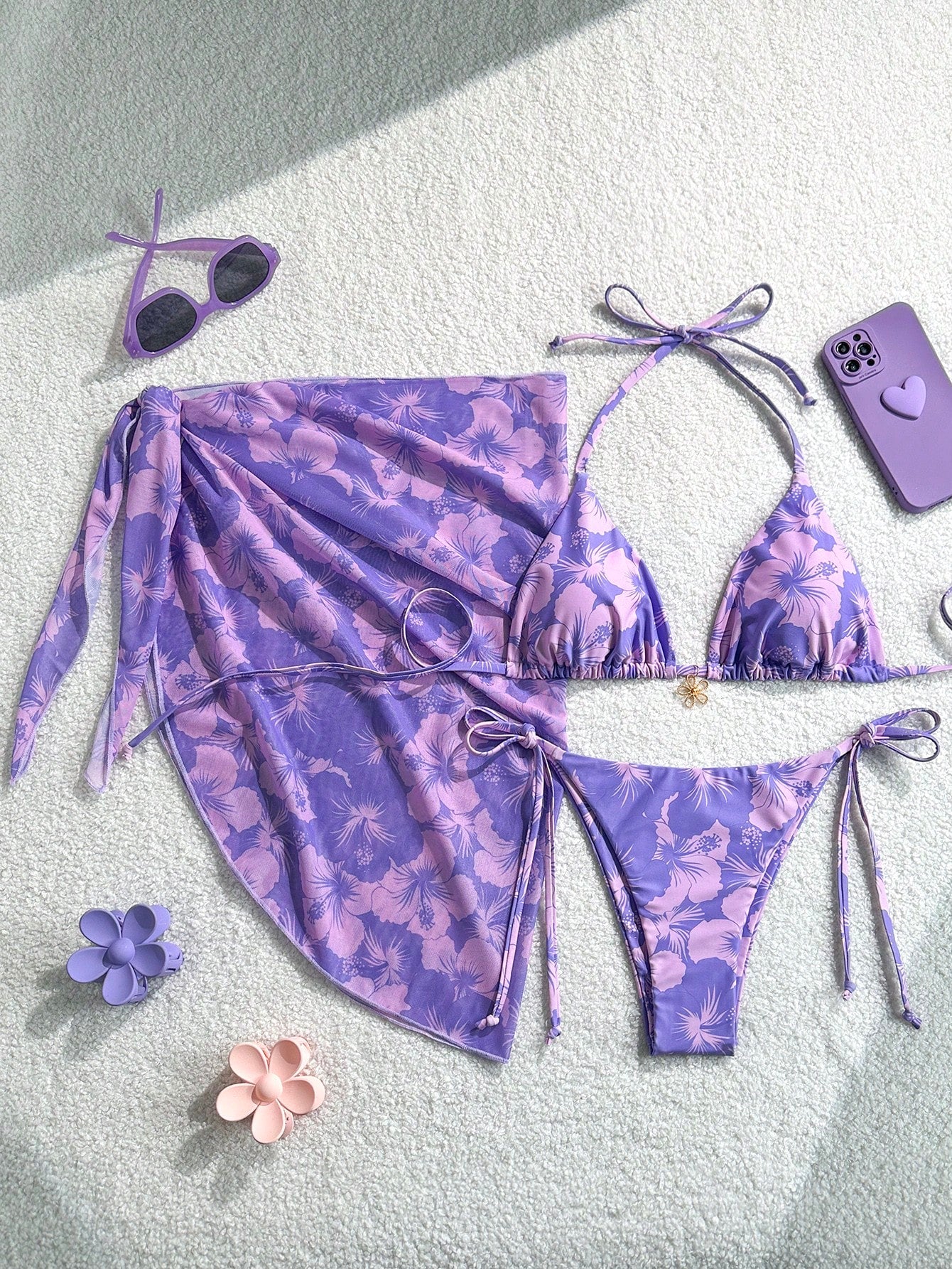 Swim Mod 3pcs/Set Women's Random Print Halter Neck Beach Dress,