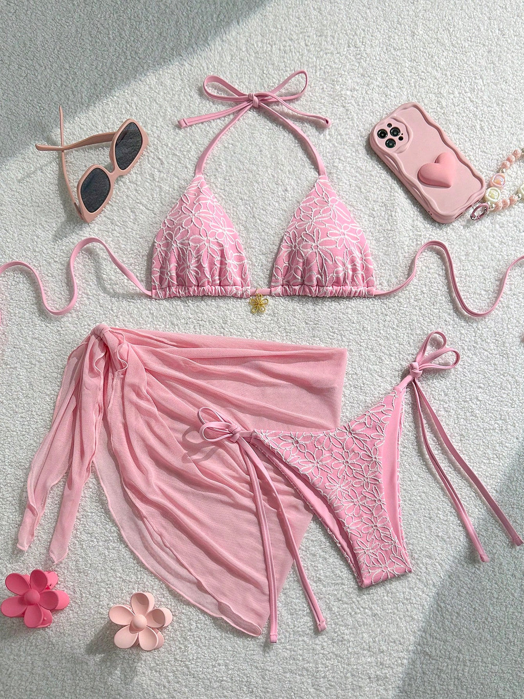 Swim Mod Off-White 3-Piece Set,Women Floral Textured Halter Triangle Bikini Top,