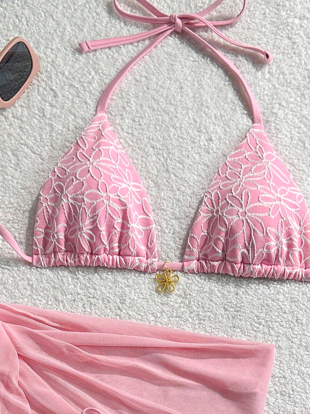 Swim Mod Off-White 3-Piece Set,Women Floral Textured Halter Triangle Bikini Top,
