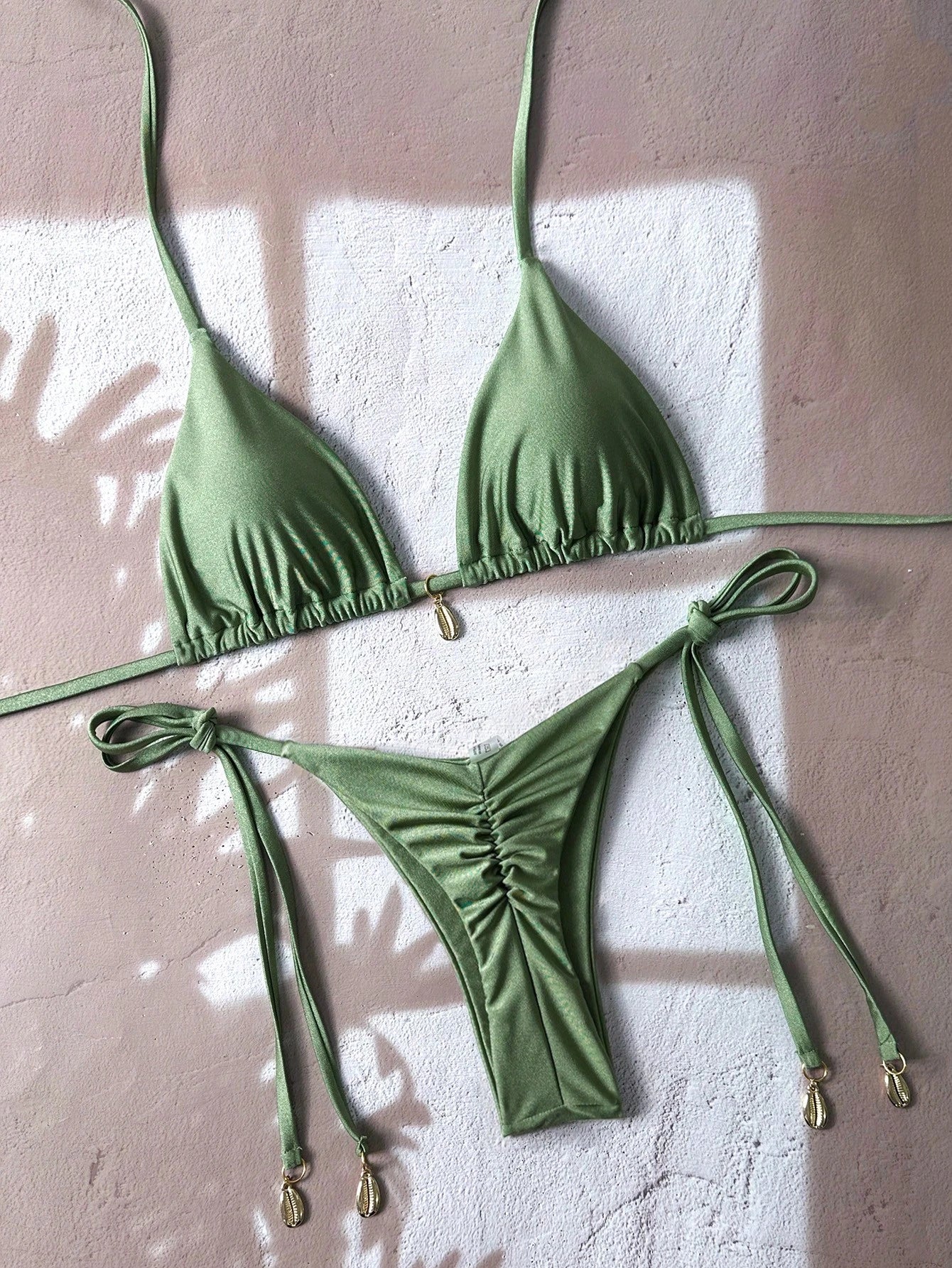 Swim Vcay Solid Triangle Tie Side Bikini Set For Summer Beach Vacation