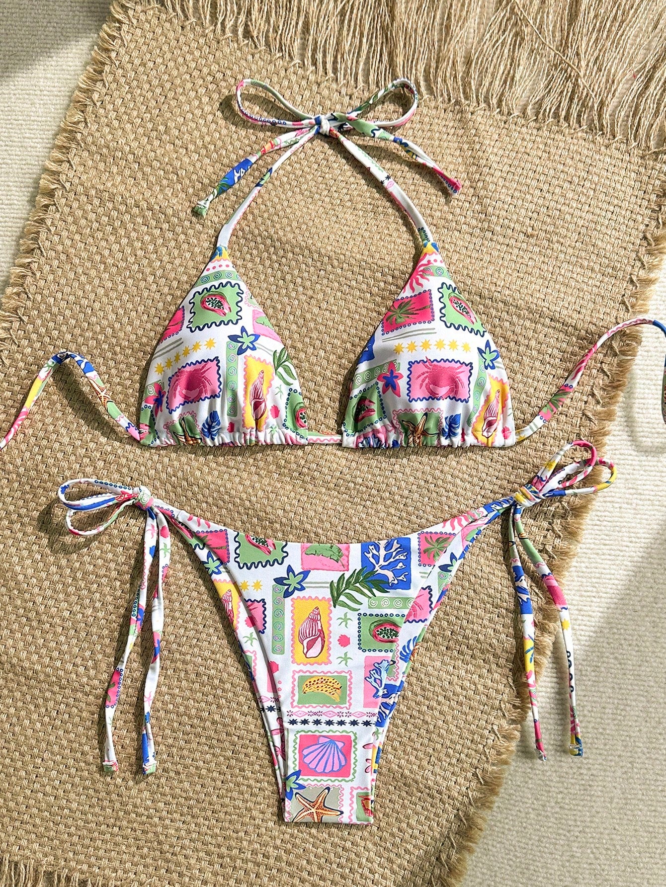 White Knit Metallic Thread V-Neck Shell Chain Decor Tie-Up 2 Pieces Bikini Set For Beach Vacation Vacation - image 5