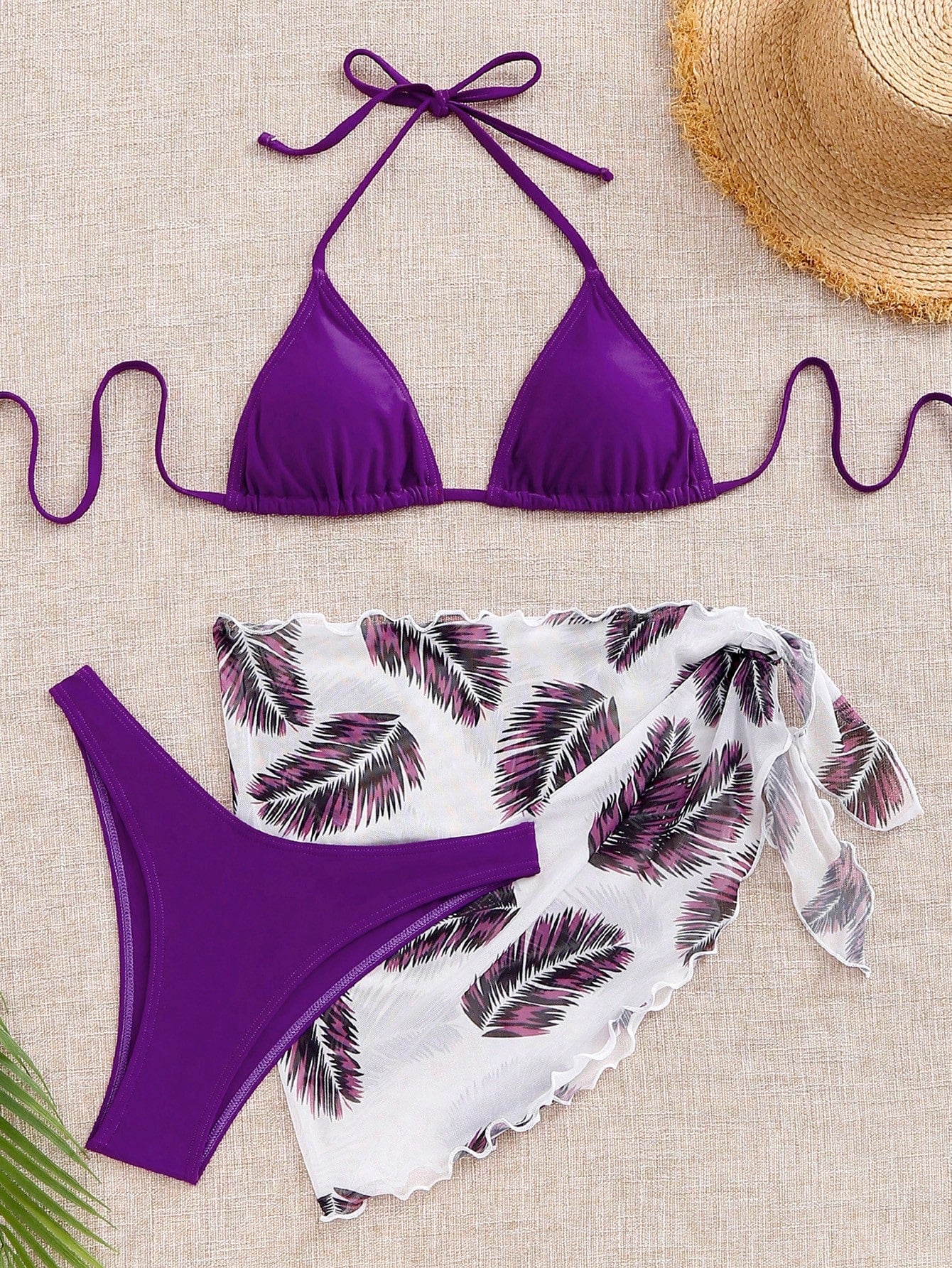 Swim Vcay Summer Beach Leaf Print Bikini Set Halter Triangle Bra &