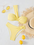 Swim Mod Women Solid Color Asymmetrical Neck Ruched Bikini Swimwear