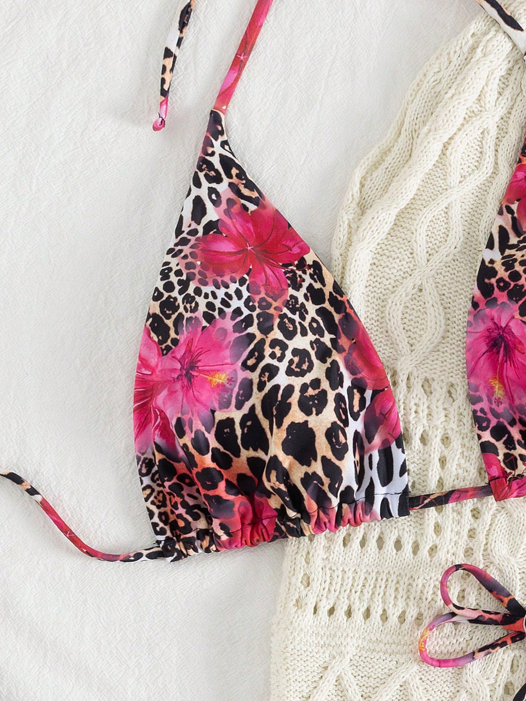 2pcs Leopard Floral Print Sexy Open Back Tie Up Bikini Swimsuit,