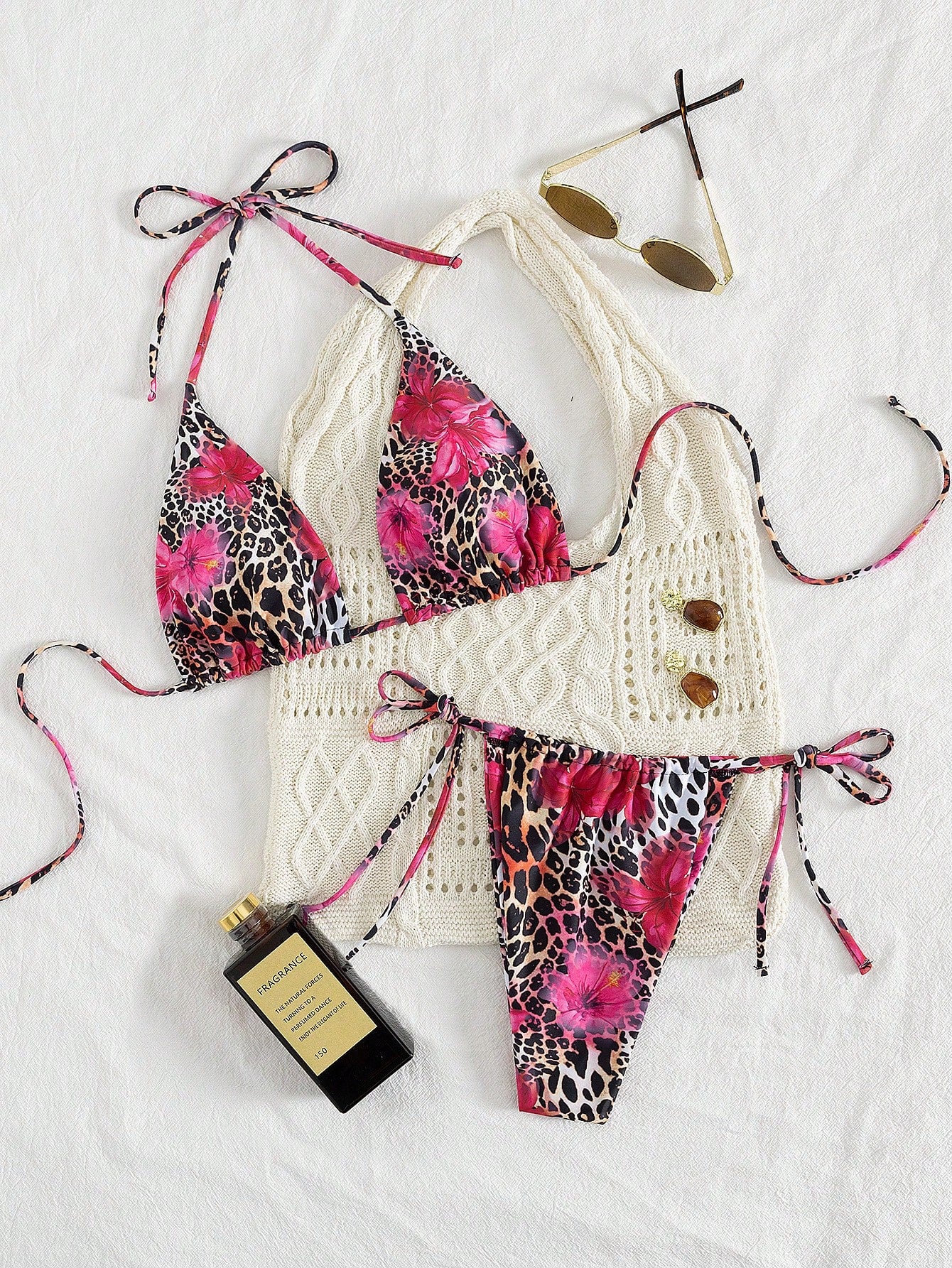 2pcs Leopard Floral Print Sexy Open Back Tie Up Bikini Swimsuit,
