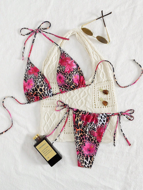 2pcs Leopard Floral Print Sexy Open Back Tie Up Bikini Swimsuit,