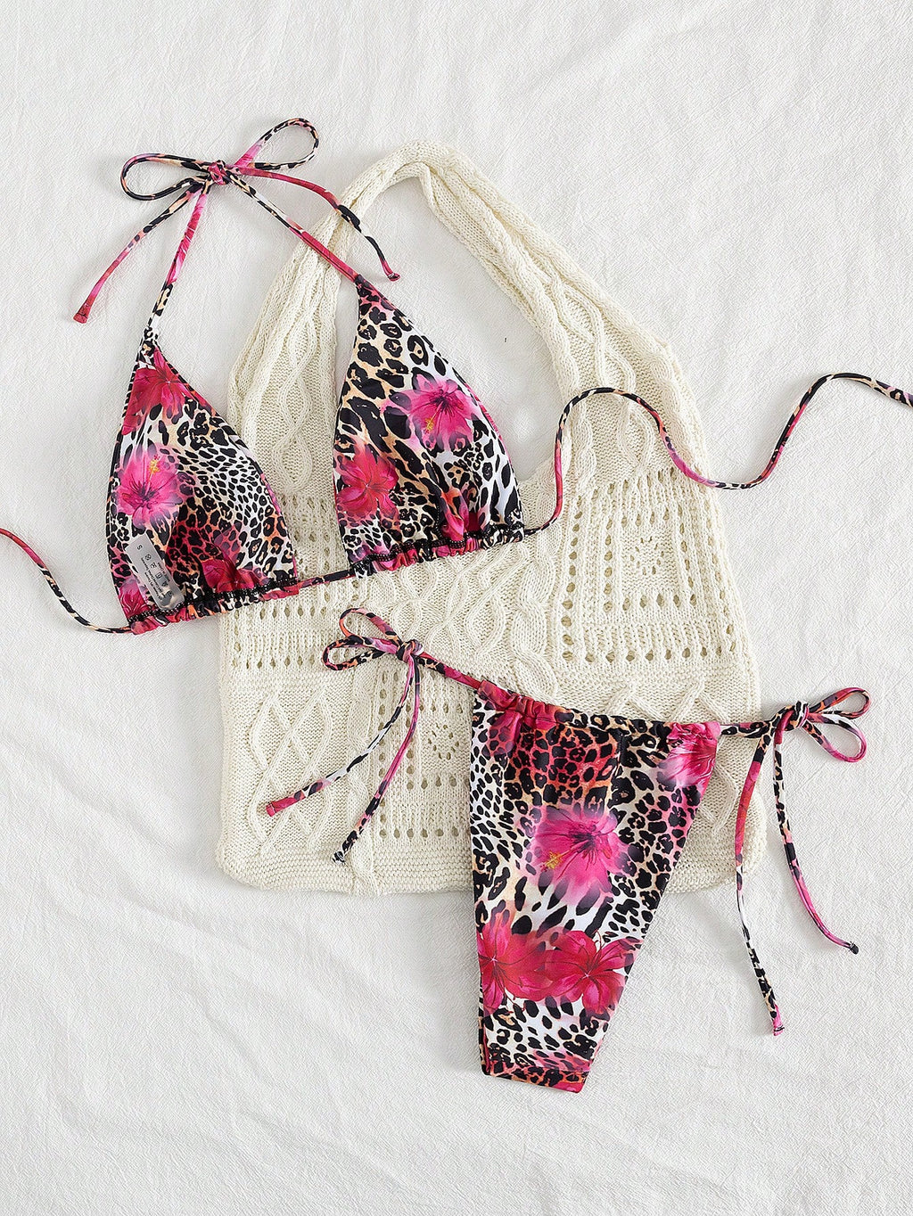 2pcs Leopard Floral Print Sexy Open Back Tie Up Bikini Swimsuit,
