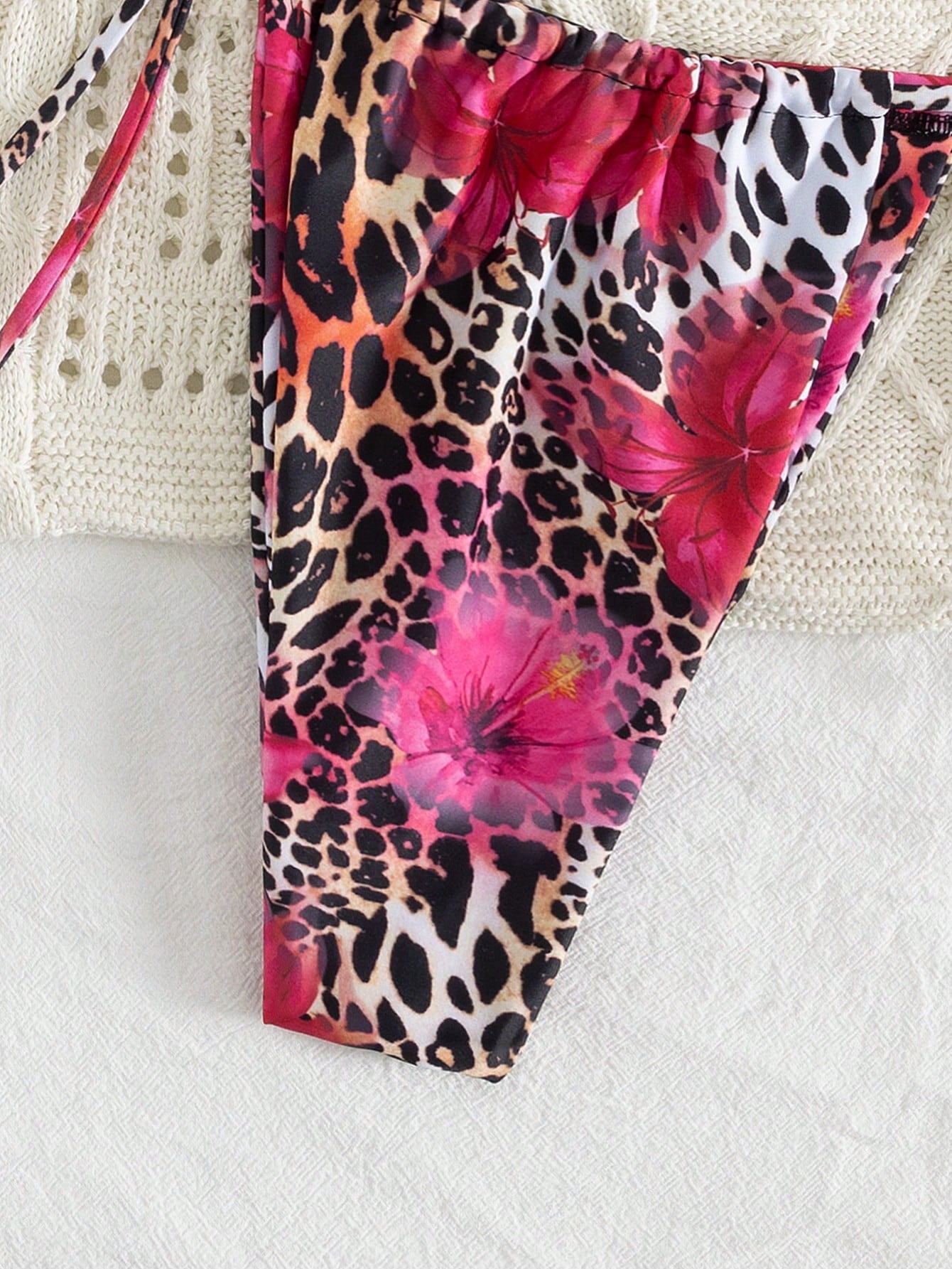2pcs Leopard Floral Print Sexy Open Back Tie Up Bikini Swimsuit,