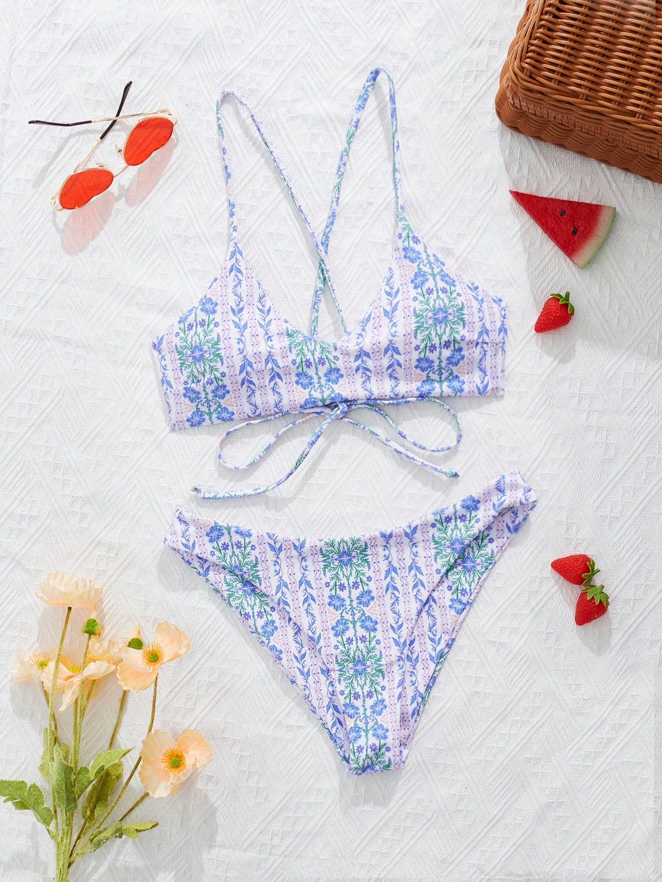 Swim Mod Ditsy Floral Casual Spaghetti Strap Bikini Swimwear, Wireless Vacation Blue Floral Summer - image 6