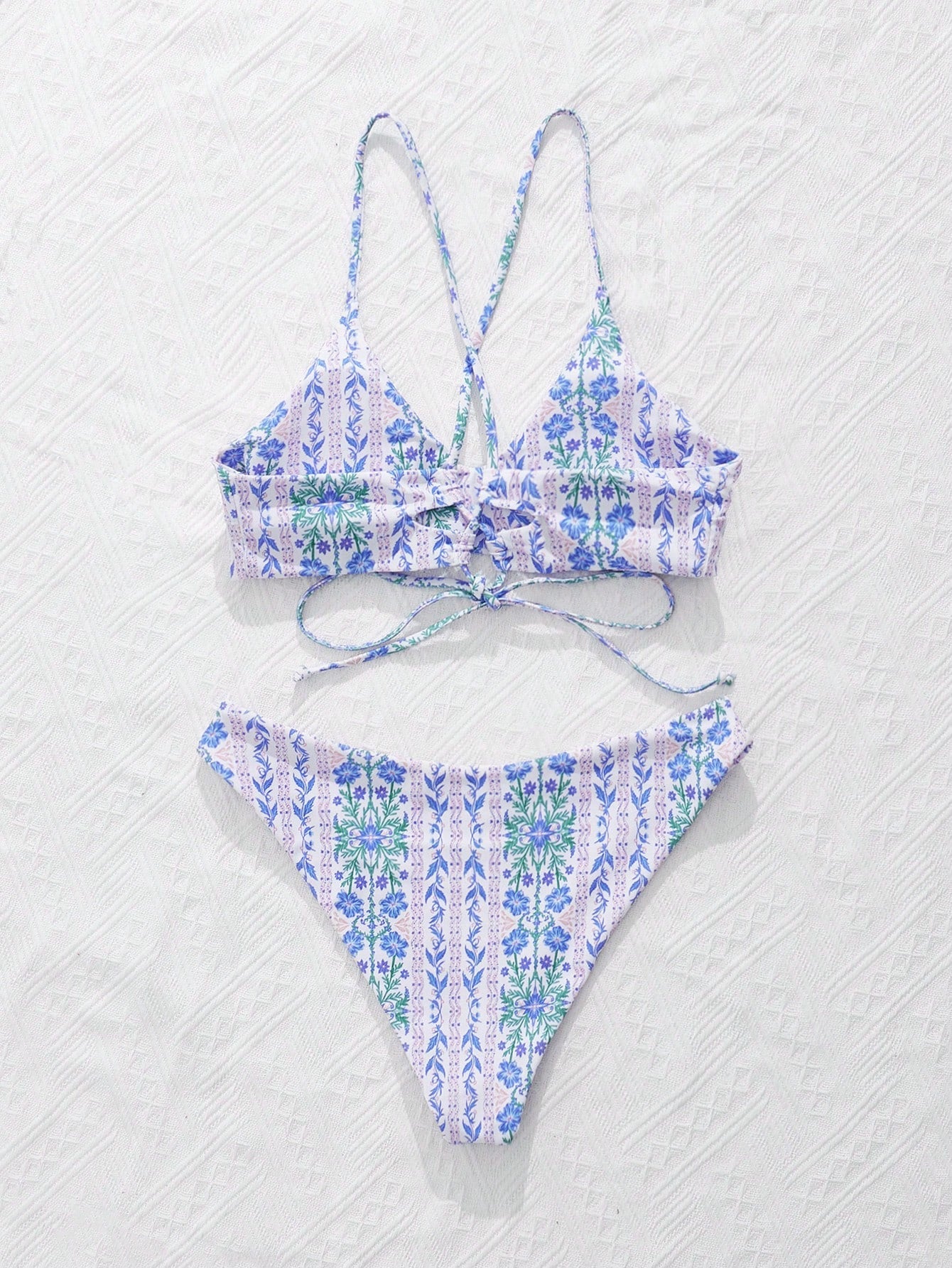 Swim Mod Ditsy Floral Casual Spaghetti Strap Bikini Swimwear, Wireless Vacation