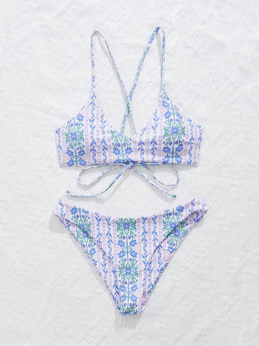 Swim Mod Ditsy Floral Casual Spaghetti Strap Bikini Swimwear, Wireless Vacation
