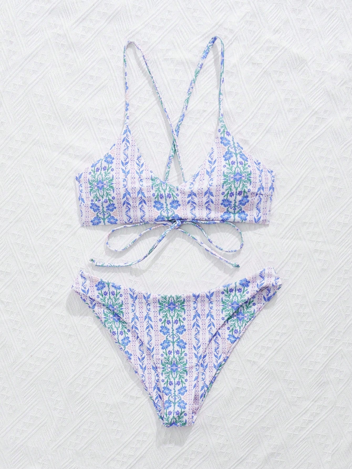 Swim Mod Ditsy Floral Casual Spaghetti Strap Bikini Swimwear, Wireless Vacation