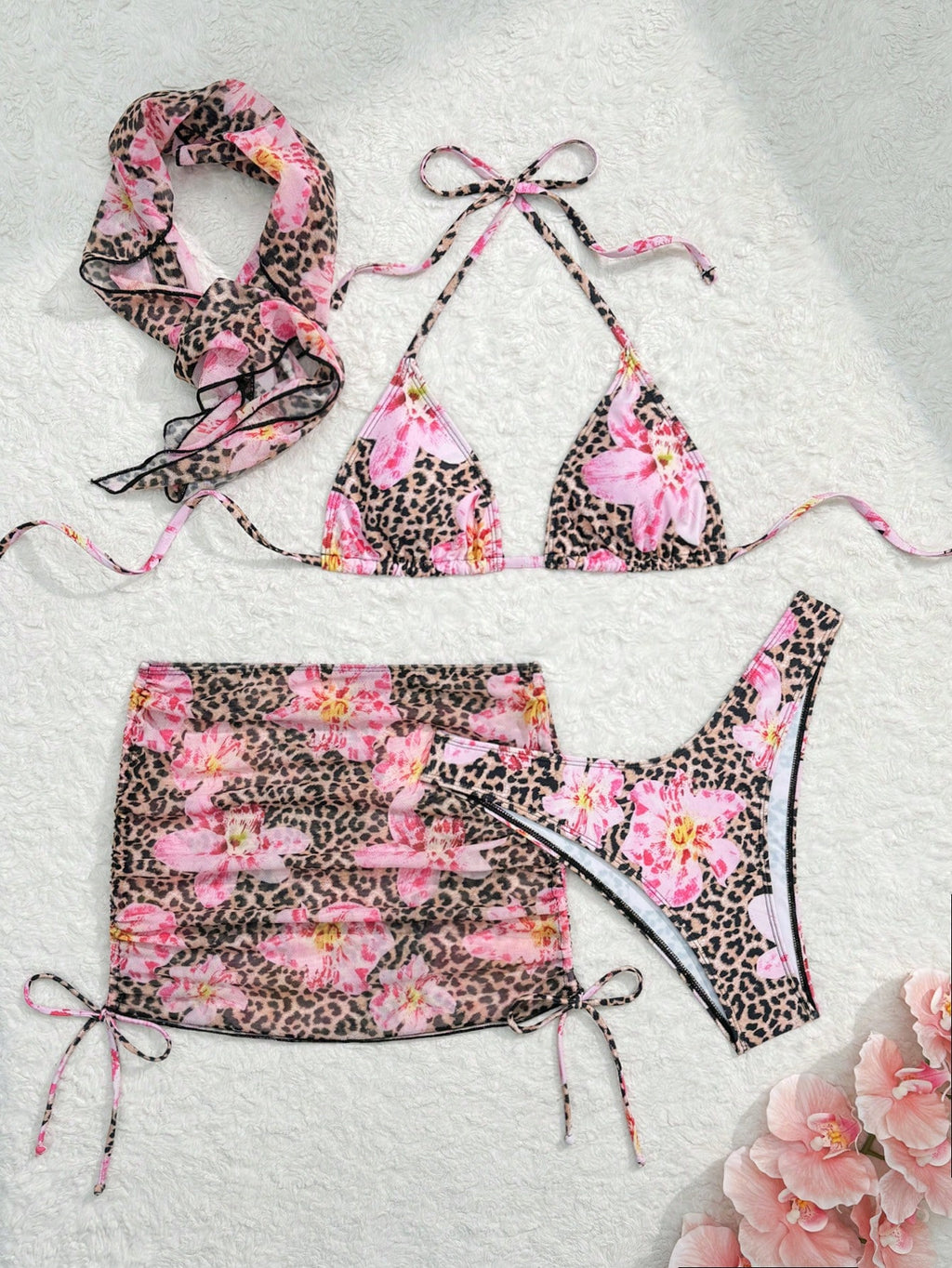 Slaydiva 4pcs/Set Women Pink Summer Boho Flowy Beach Holiday Holiday Leopard Tropical Plant Bikini,Side - image 6