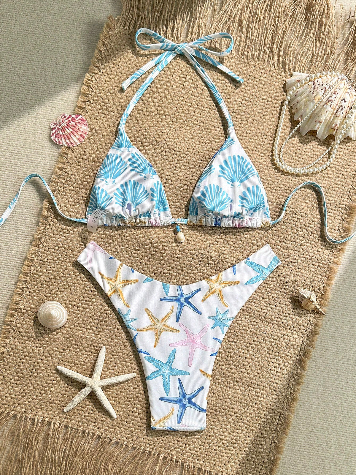 Swim Mod 2pcs/Set Summer Holiday Random Print Textured Shell Accessory Triangle Bikini Top And High-Cut Swim - image 7